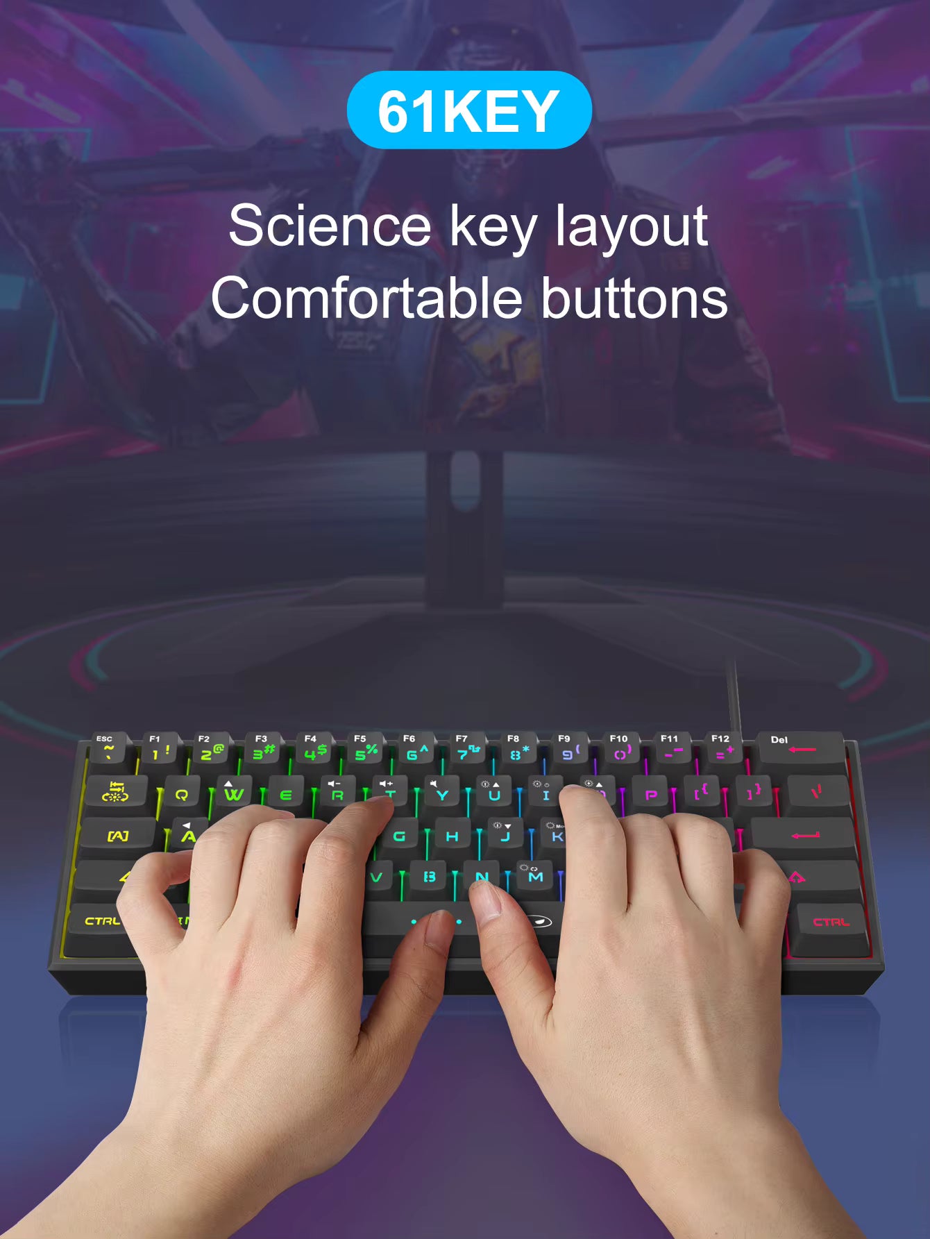 Mini 60% Gaming Keyboard, RGB Backlit 61 Key Ultra-Compact Keyboard, TS91 Ergonomic Waterproof Mechanical Feeling Office