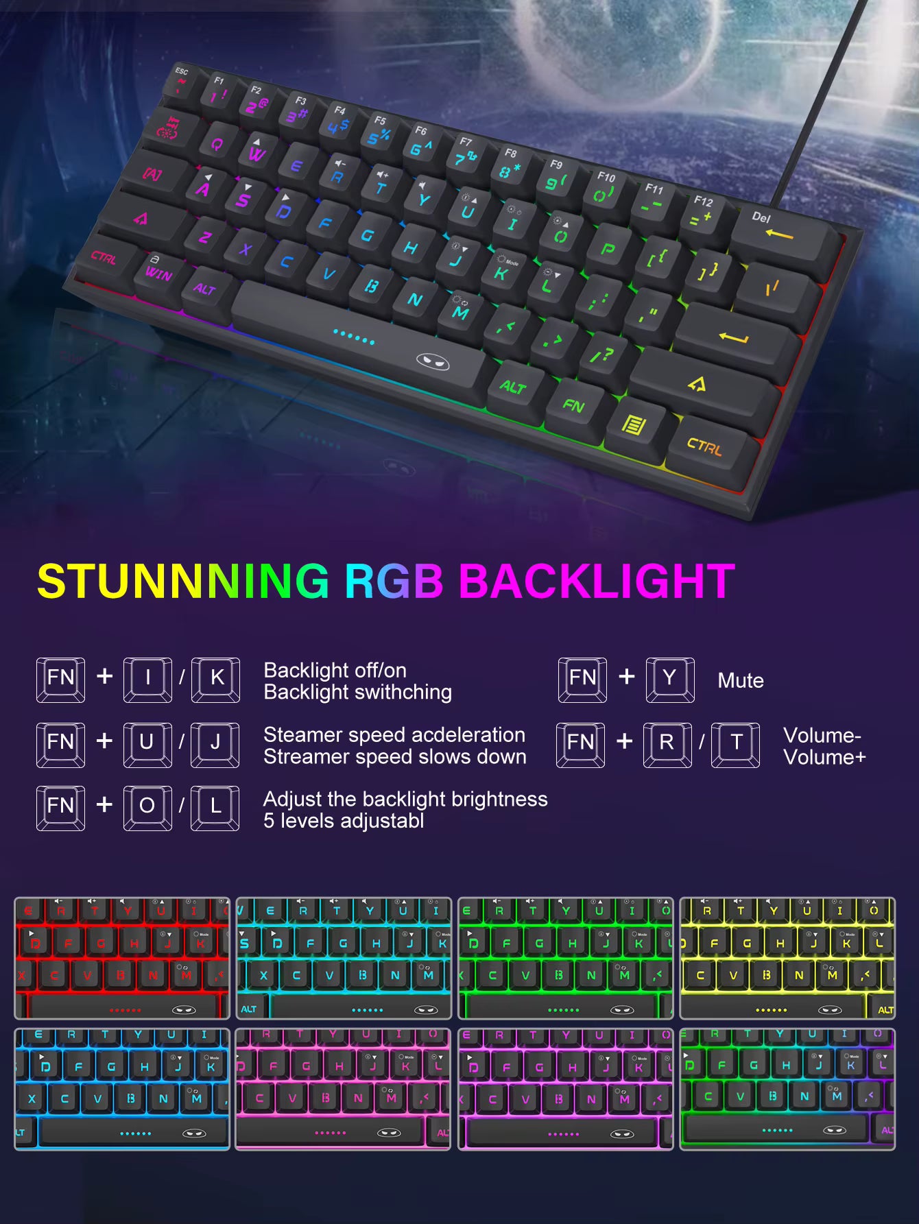 Mini 60% Gaming Keyboard, RGB Backlit 61 Key Ultra-Compact Keyboard, TS91 Ergonomic Waterproof Mechanical Feeling Office