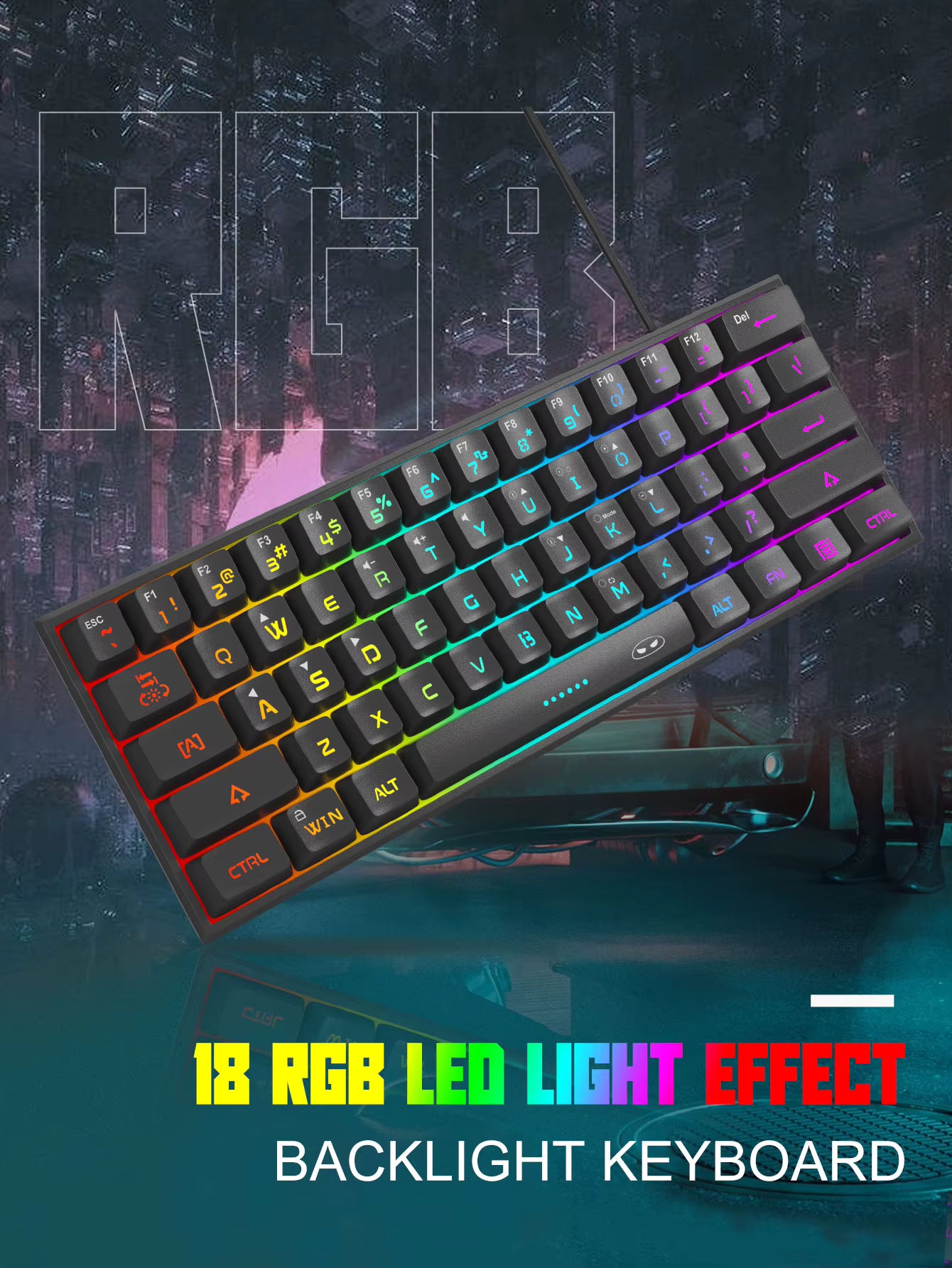 Mini 60% Gaming Keyboard, RGB Backlit 61 Key Ultra-Compact Keyboard, TS91 Ergonomic Waterproof Mechanical Feeling Office