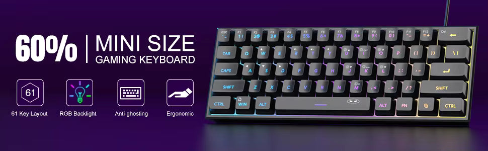 Mini 60% Gaming Keyboard, RGB Backlit 61 Key Ultra-Compact Keyboard, TS91 Ergonomic Waterproof Mechanical Feeling Office