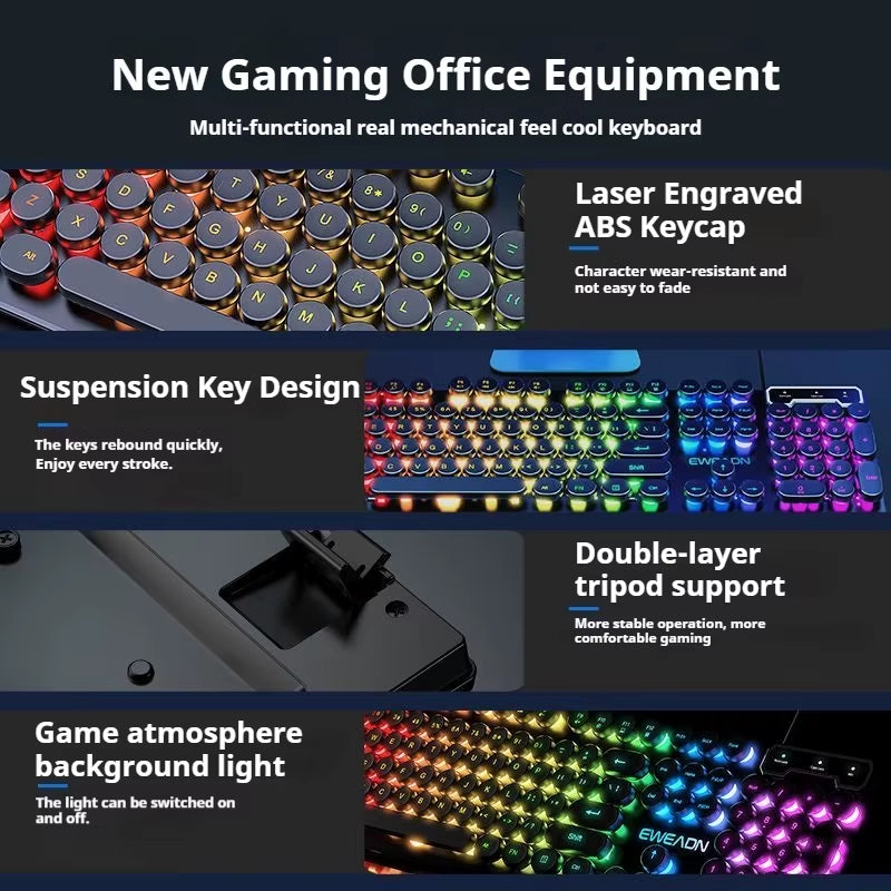 GX330 Retro Punk Typewriter Gaming Keyboard - 104 Keys Wired with RGB Backlighting for Windows Laptops and PCs