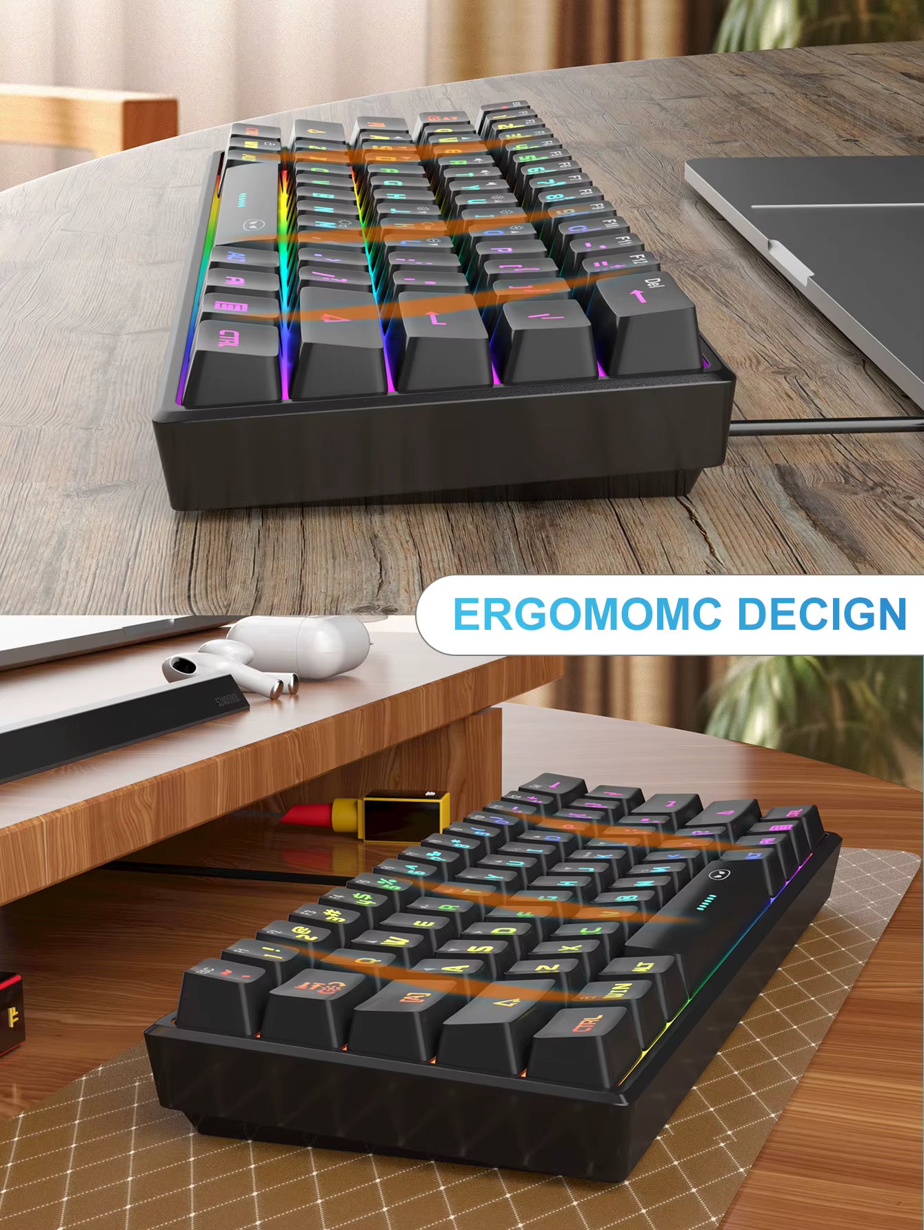 Mini 60% Gaming Keyboard, RGB Backlit 61 Key Ultra-Compact Keyboard, TS91 Ergonomic Waterproof Mechanical Feeling Office