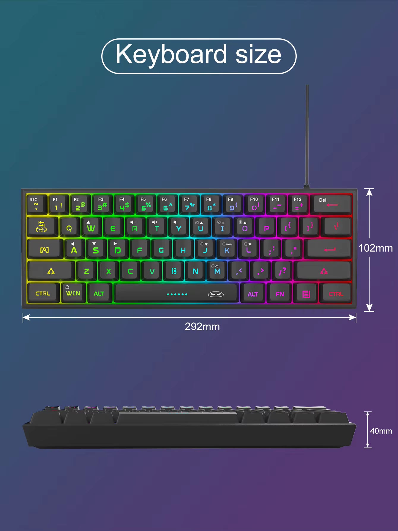 Mini 60% Gaming Keyboard, RGB Backlit 61 Key Ultra-Compact Keyboard, TS91 Ergonomic Waterproof Mechanical Feeling Office