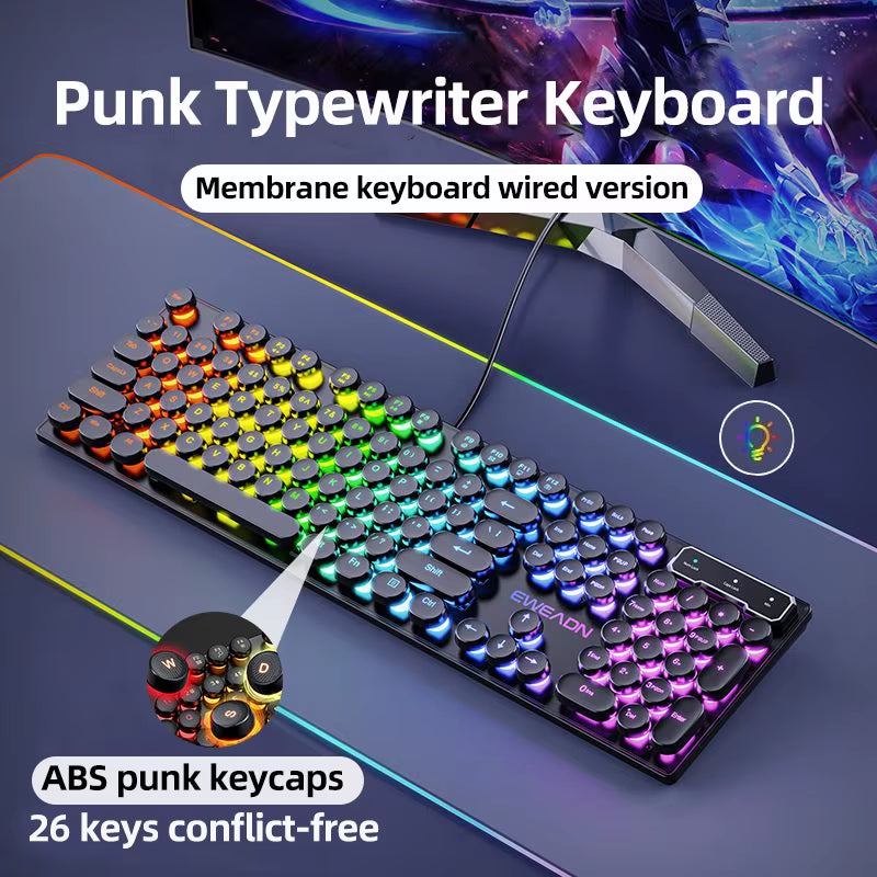 GX330 Retro Punk Typewriter Gaming Keyboard - 104 Keys Wired with RGB Backlighting for Windows Laptops and PCs