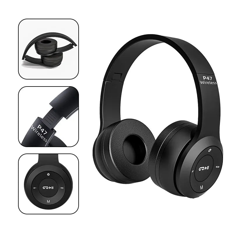 Experience Superior Sound Quality with P47 Wireless Bluetooth 5.0 Headphones - Foldable Design for Music, Gaming, and Kids!