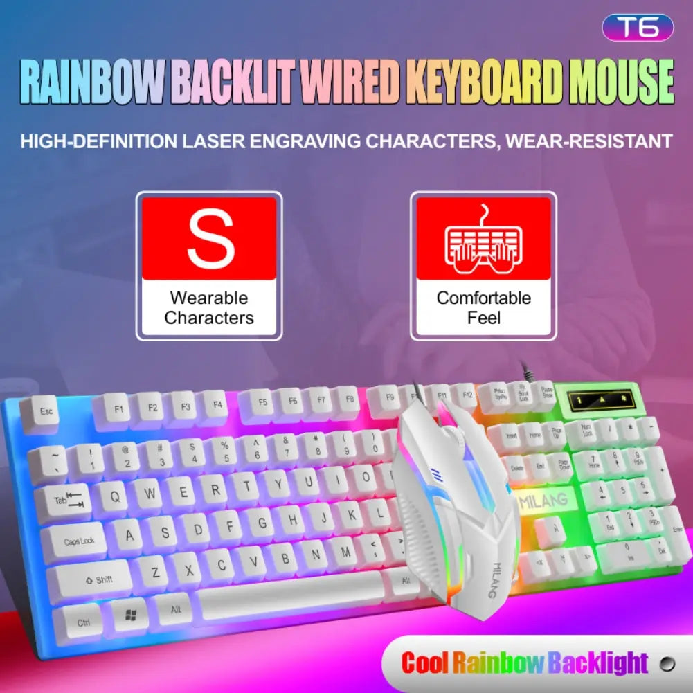 Elevate Your Gaming Experience with the Rainbow Backlit Wired Keyboard and Mouse - Ergonomic, Durable, and Comfortable for Business and Play!