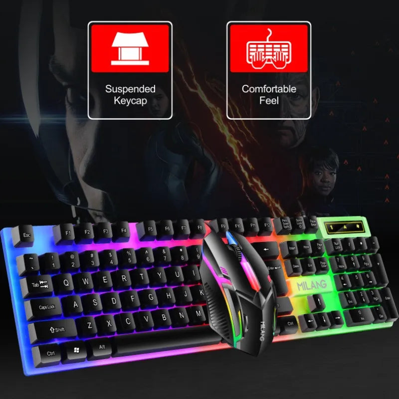 Elevate Your Gaming Experience with the Rainbow Backlit Wired Keyboard and Mouse - Ergonomic, Durable, and Comfortable for Business and Play!