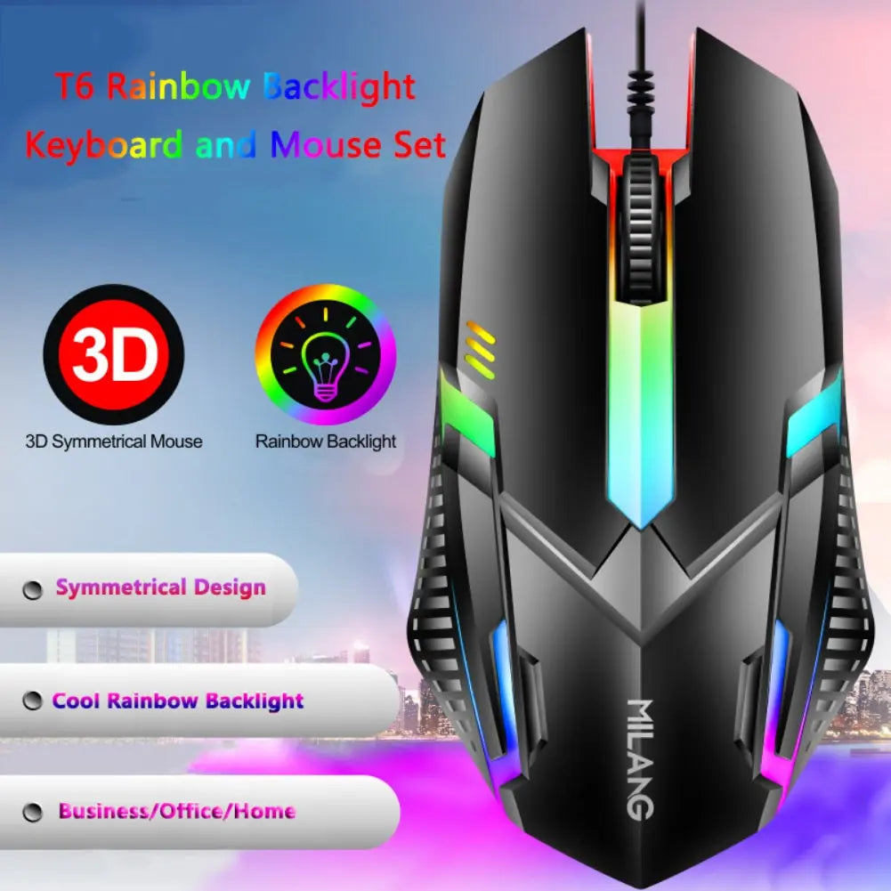Elevate Your Gaming Experience with the Rainbow Backlit Wired Keyboard and Mouse - Ergonomic, Durable, and Comfortable for Business and Play!