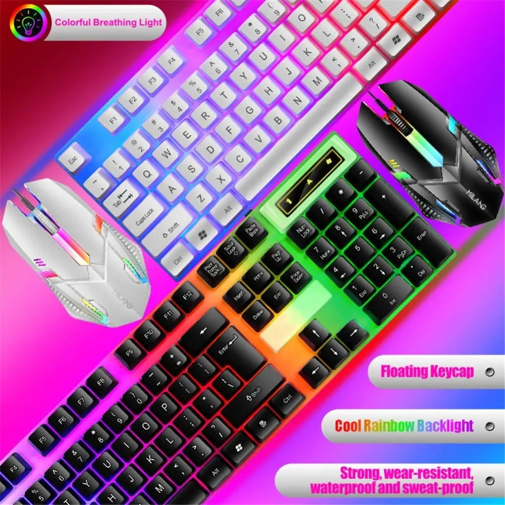 Elevate Your Gaming Experience with the Rainbow Backlit Wired Keyboard and Mouse - Ergonomic, Durable, and Comfortable for Business and Play!