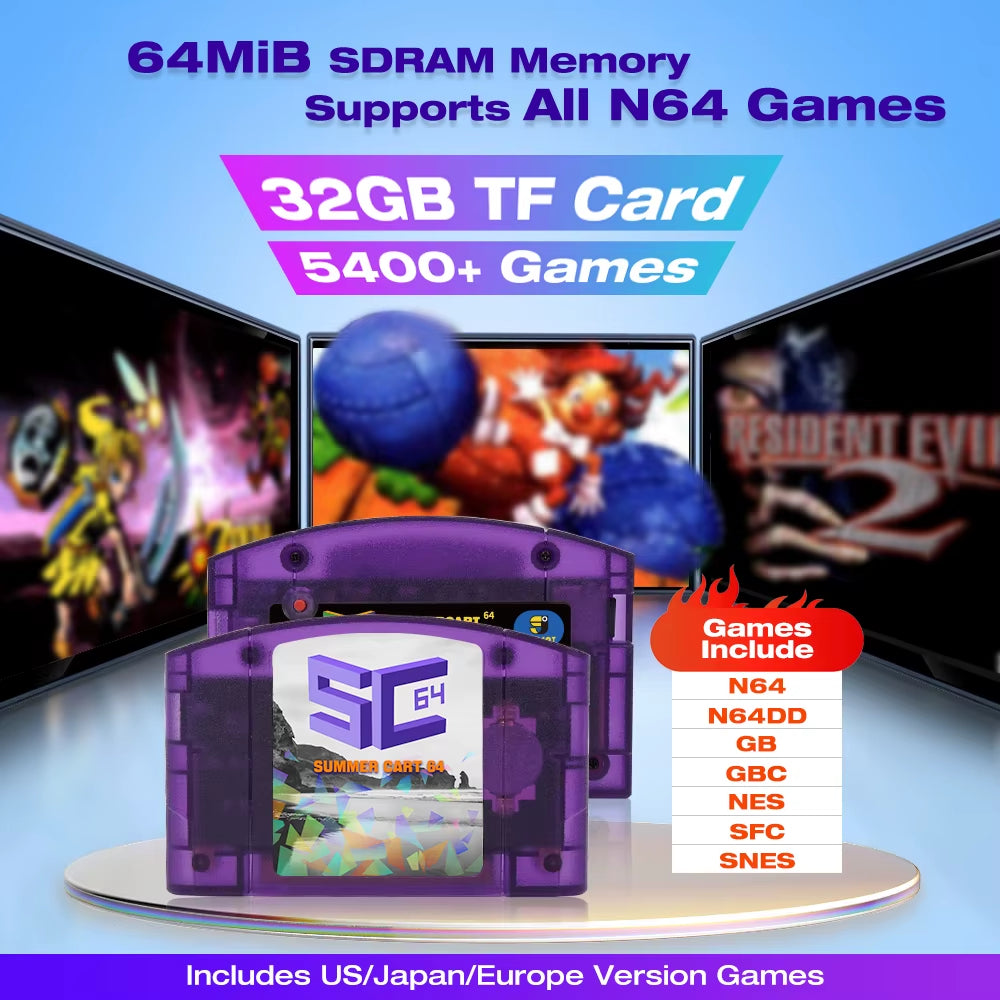 Summercart 64 SC64 Open Source Game Card N64 with Built-In Emulator for N64 Console Gift 32GB TF Card 5400 Games